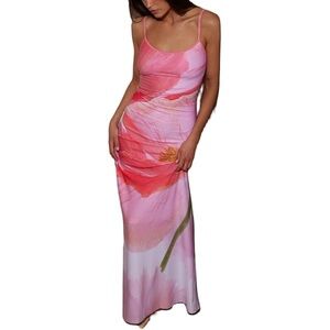 Pink Floral Slip Dress Midi Bodycon Srappy Barbiecore Date Night Wedding Guest L